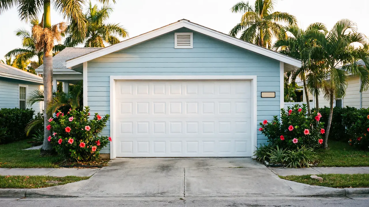 The house has a white garage door, light blue siding, and palm trees.