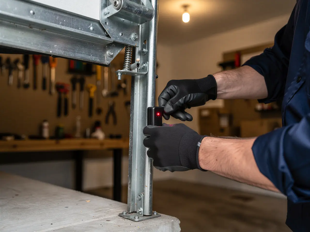 A technician in black gloves adjusts a garage door safety sensor with a red light.